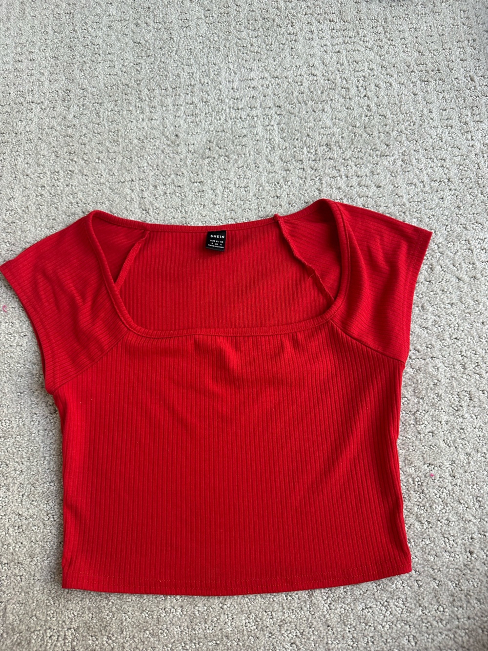 SHEIN Red Ribbed Square Neck Short Sleeve Top